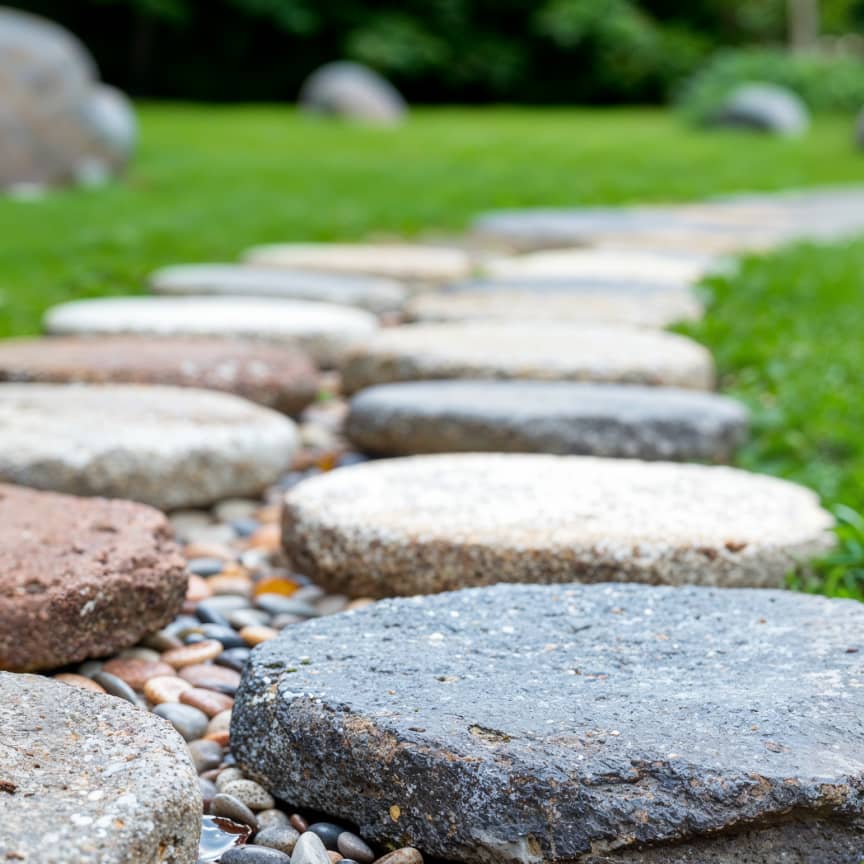 Natural stone stepping path installed through a landscaped lawn.