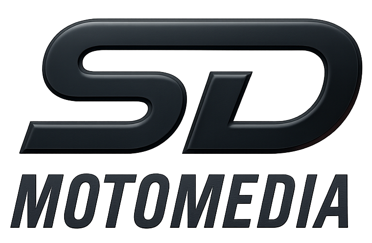 Black stylized SD letters above the word MOTOMEDIA in all caps.