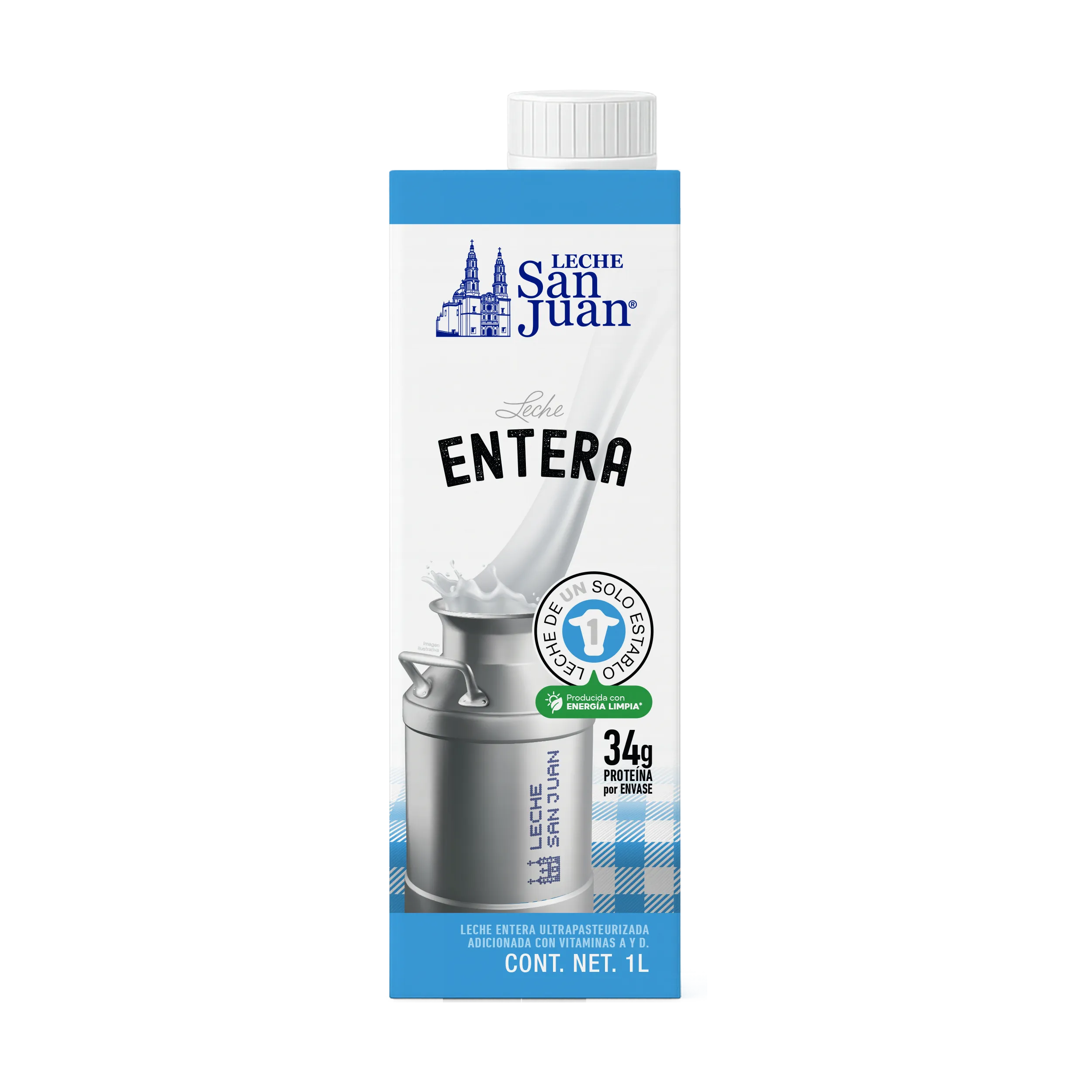 Cartón de leche entera Leche San Juan de 1 litro con 34 gramos de proteína y energía limpia.