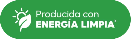 Etiqueta verde con texto blanco que dice producida con energía limpia junto a un icono de sol y hoja.