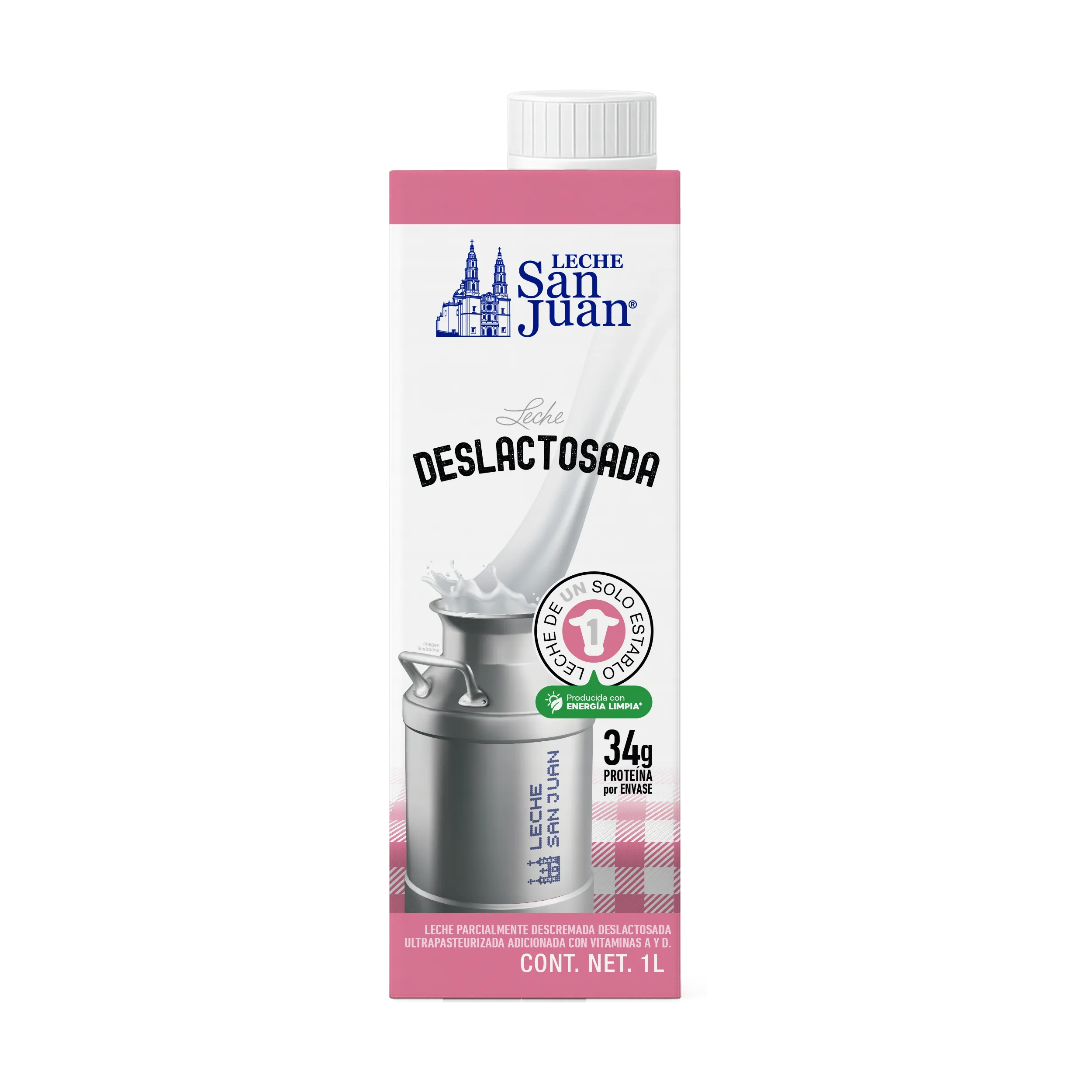 Cartón de 1 litro de leche deslactosada Leche San Juan con imagen de un lechero y texto sobre proteína y energía limpia.