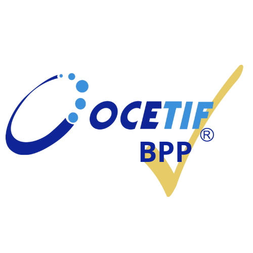 Logotipo de OCETIF BPP con marca registrada y una marca de verificación dorada.