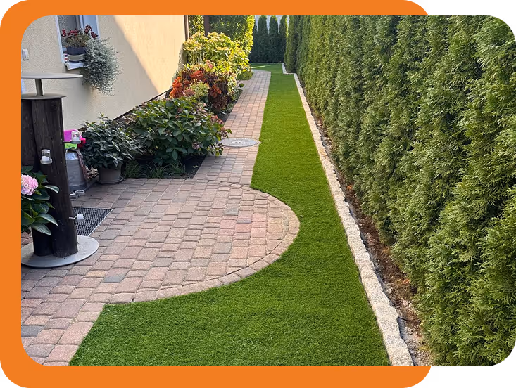 Gepflasterter Gehweg mit angrenzendem grünen Rasen und einer Hecke rechts sowie Pflanzen neben einem Haus links.