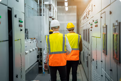 Zwei Ingenieure in Sicherheitshelmen und Warnwesten gehen durch einen Raum mit elektrischen Schalttafeln.