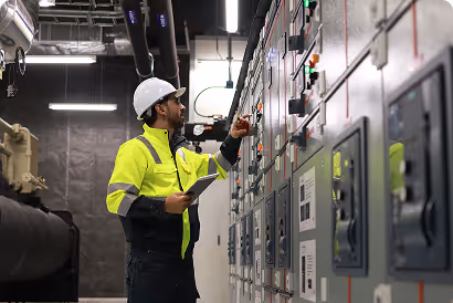 Techniker in Schutzhelm und neongelber Arbeitsjacke überprüft Schaltanlage in einem Industrieraum.