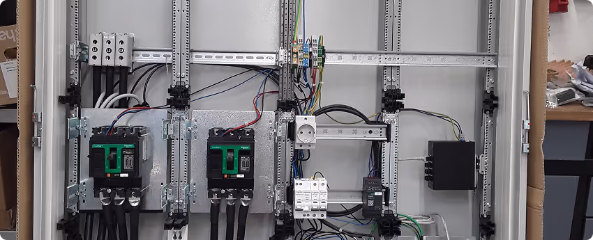 Geöffnetes elektrisches Verteilerfeld mit zwei Leistungsschaltern, Sicherungen und verkabelten Komponenten.