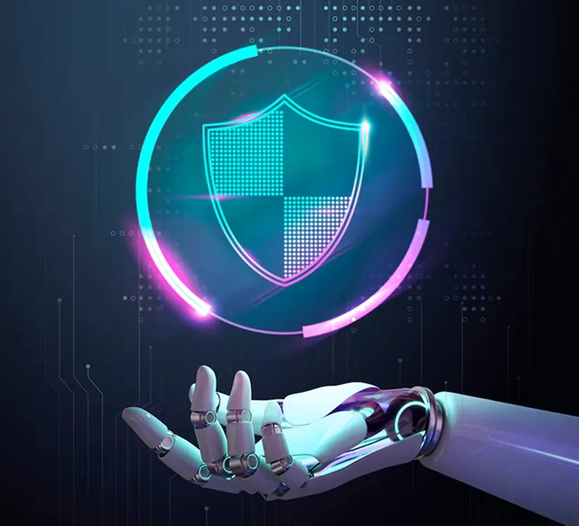 Robotic hand holding a glowing shield icon surrounded by a circular digital interface on a dark background.