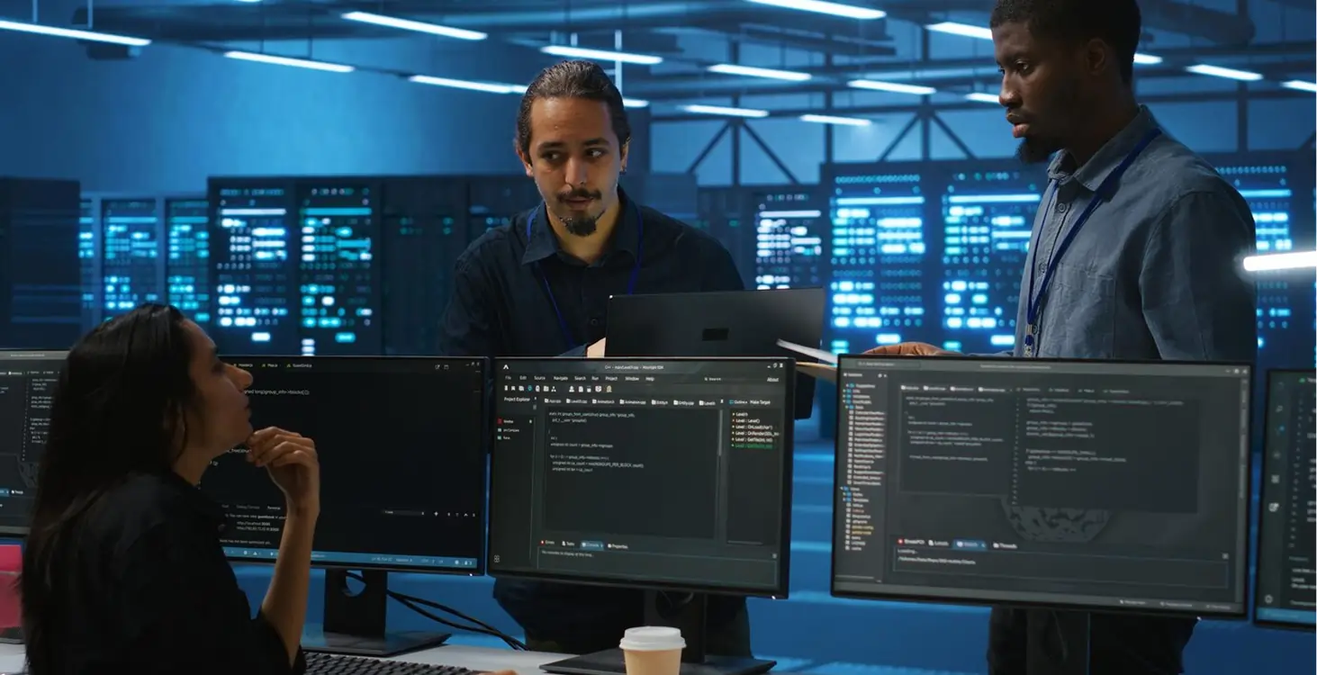 Three software developers collaborating in a dimly lit server room with multiple monitors displaying code.