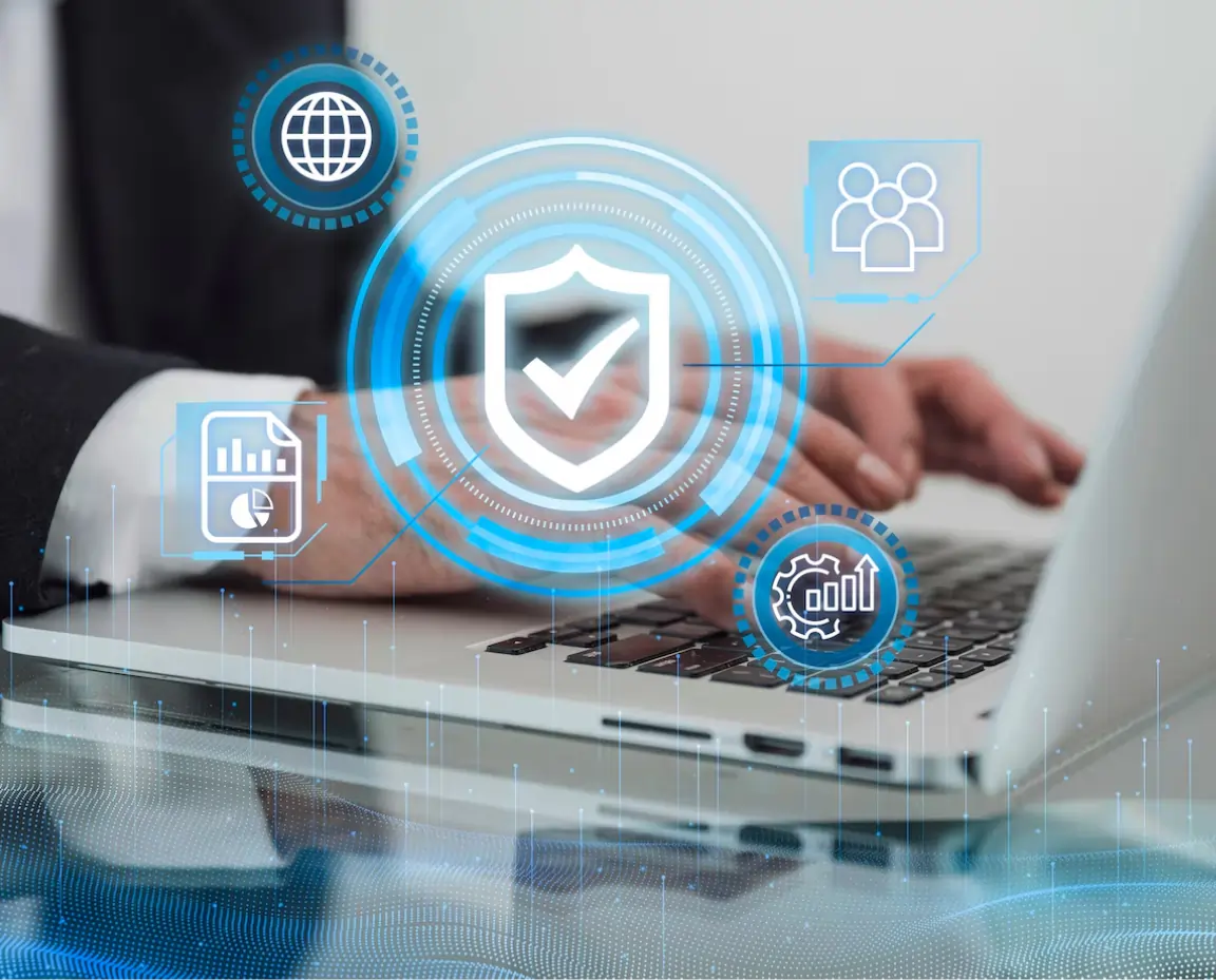 Hands typing on a laptop keyboard overlaid with digital icons representing network security, data analysis, global connectivity, and user groups.