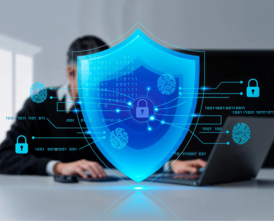 Digital shield with padlock and fingerprint icons symbolizing cybersecurity in front of a person using a laptop.