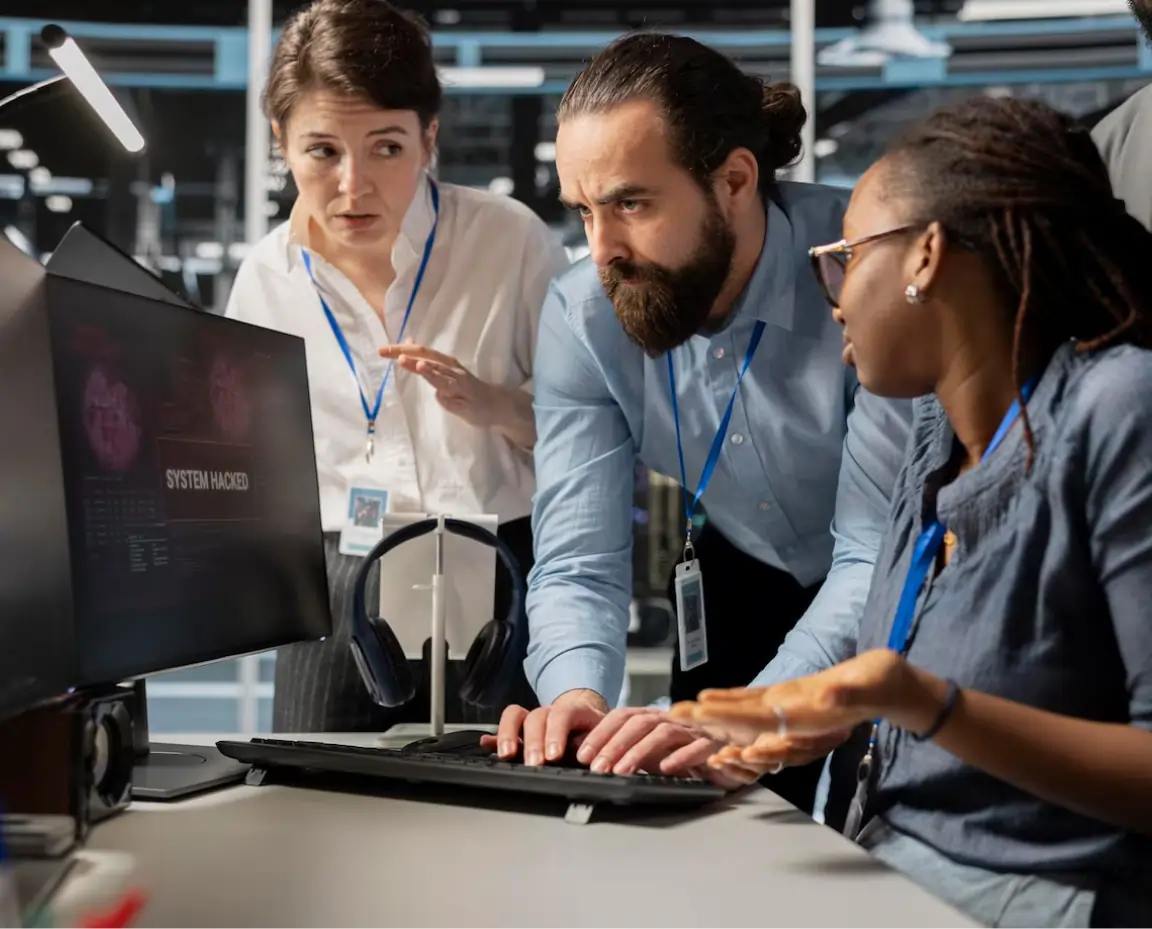 Three professionals intensely discussing a computer screen displaying a 'SYSTEM HACKED' warning in an office setting.