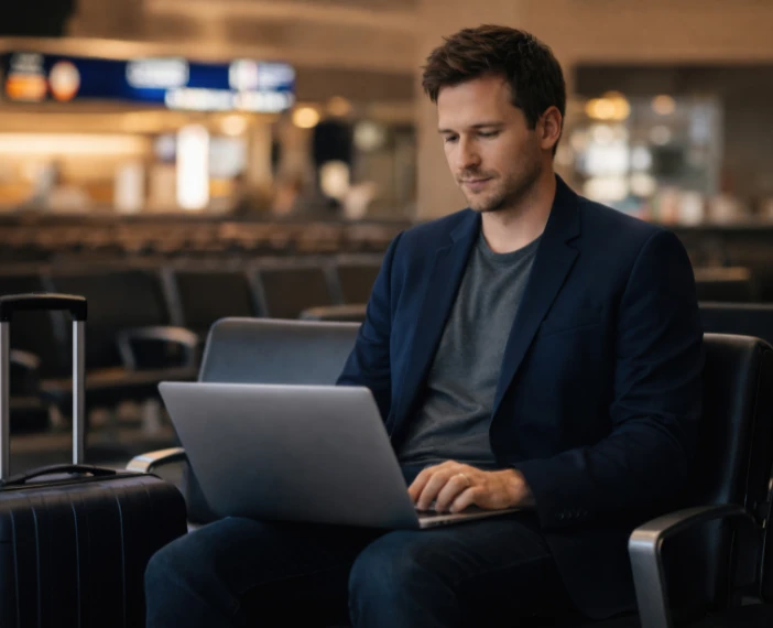 Traveler in the airport accessing data remotely and securely