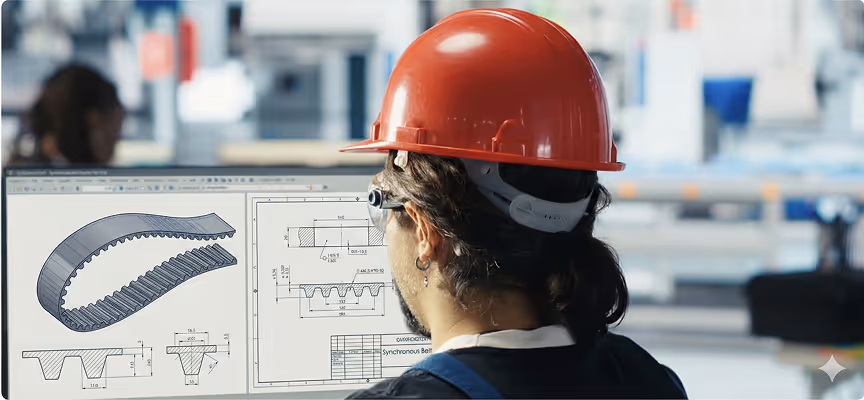 Operaria industrial con casco de seguridad revisando planos técnicos en una pantalla dentro de una planta de producción.