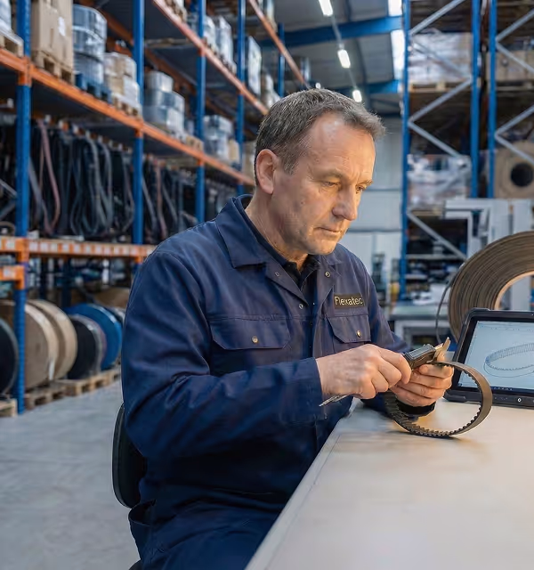 Técnico industrial inspeccionando una pieza mecánica en una mesa de trabajo dentro de un almacén industrial.