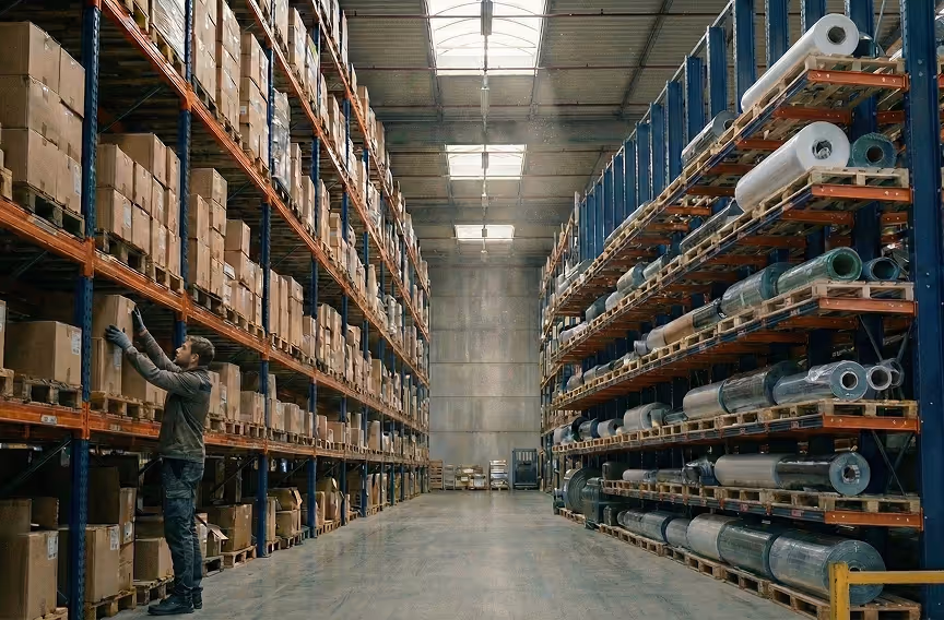 Vista amplia de un depósito industrial con estanterías altas, pallets y un operario organizando cajas.