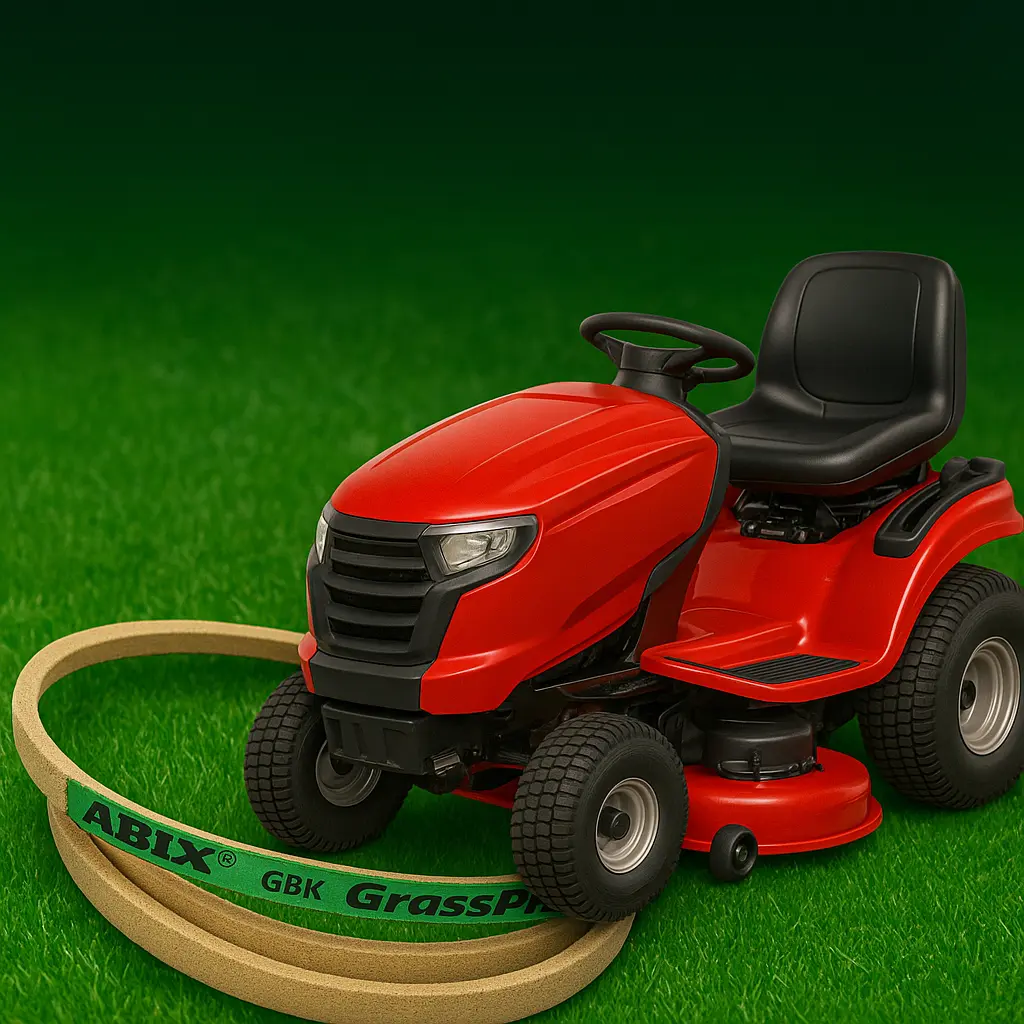 Correa ABIX GrassPro con refuerzo de Kevlar junto a un tractor cortacésped