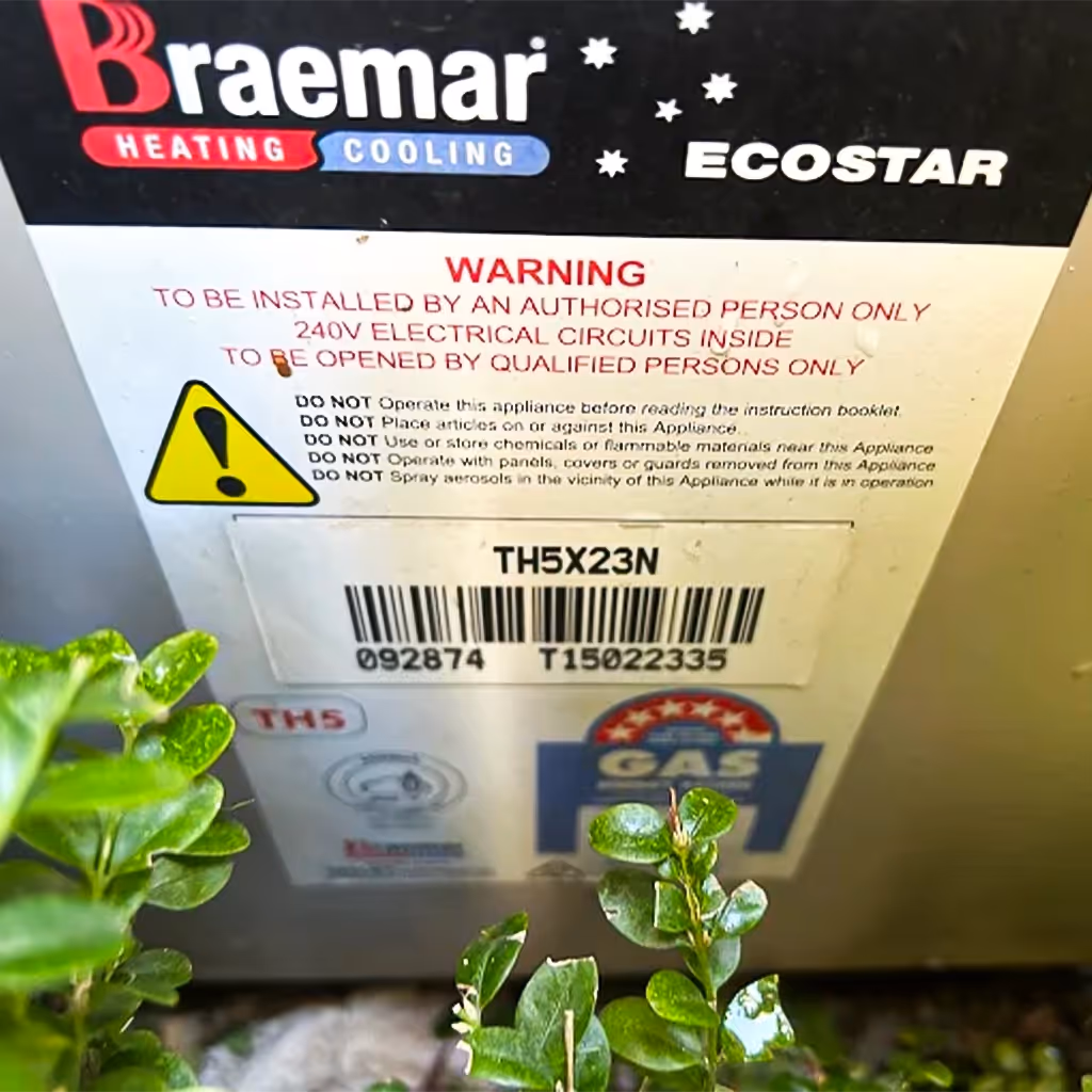 Identification label on a residential gas heating system.