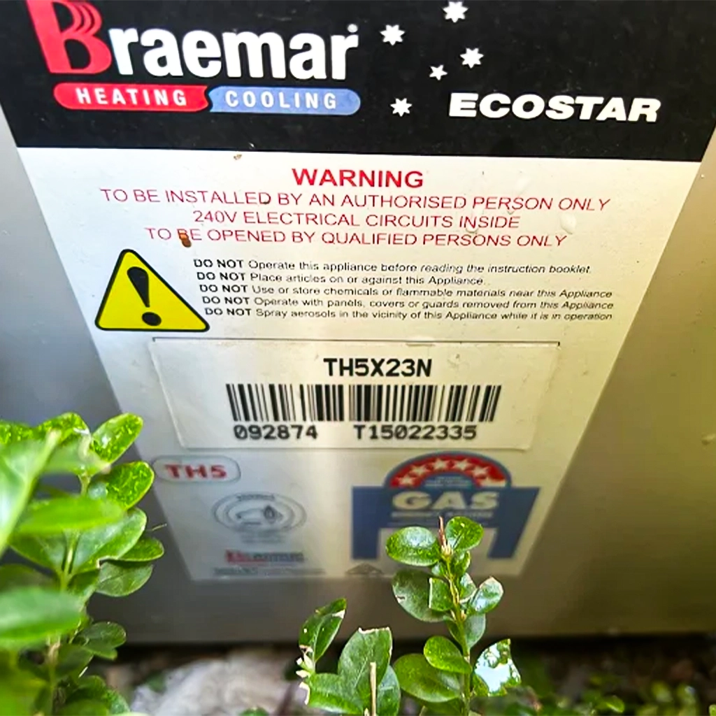 Identification label on a residential gas heating system.