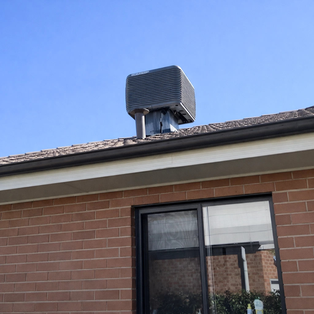 Roof-mounted evaporative cooling unit on a brick home.