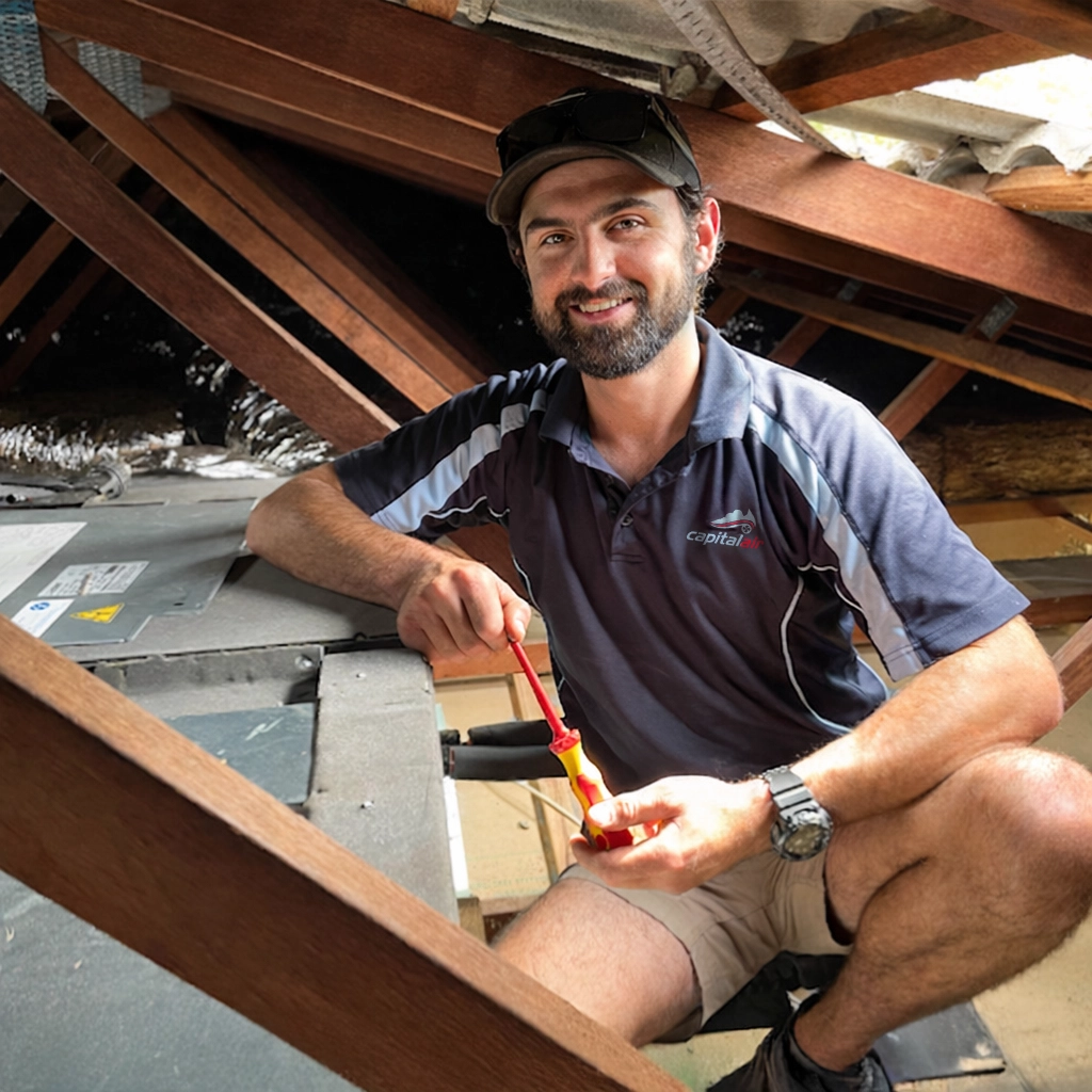 Technician servicing a ducted system inside a roof cavity with tools in hand.