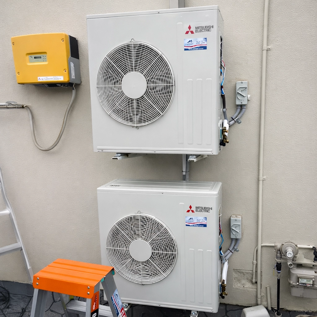 Two Mitsubishi Electric outdoor air conditioning units installed on an exterior wall.