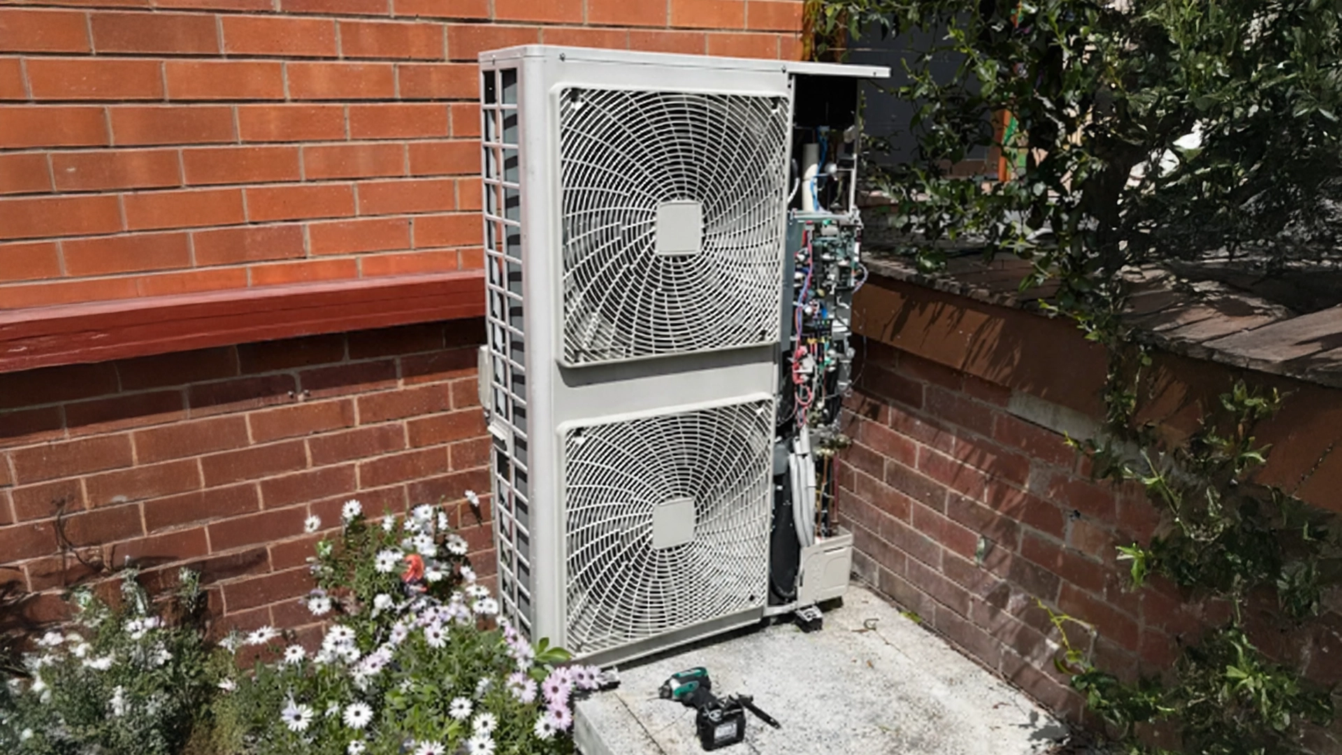 Outdoor air conditioning unit being serviced beside a brick home wall.