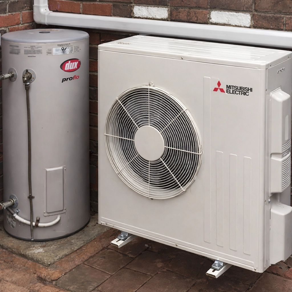 Outdoor air conditioning unit installed beside hot water system.