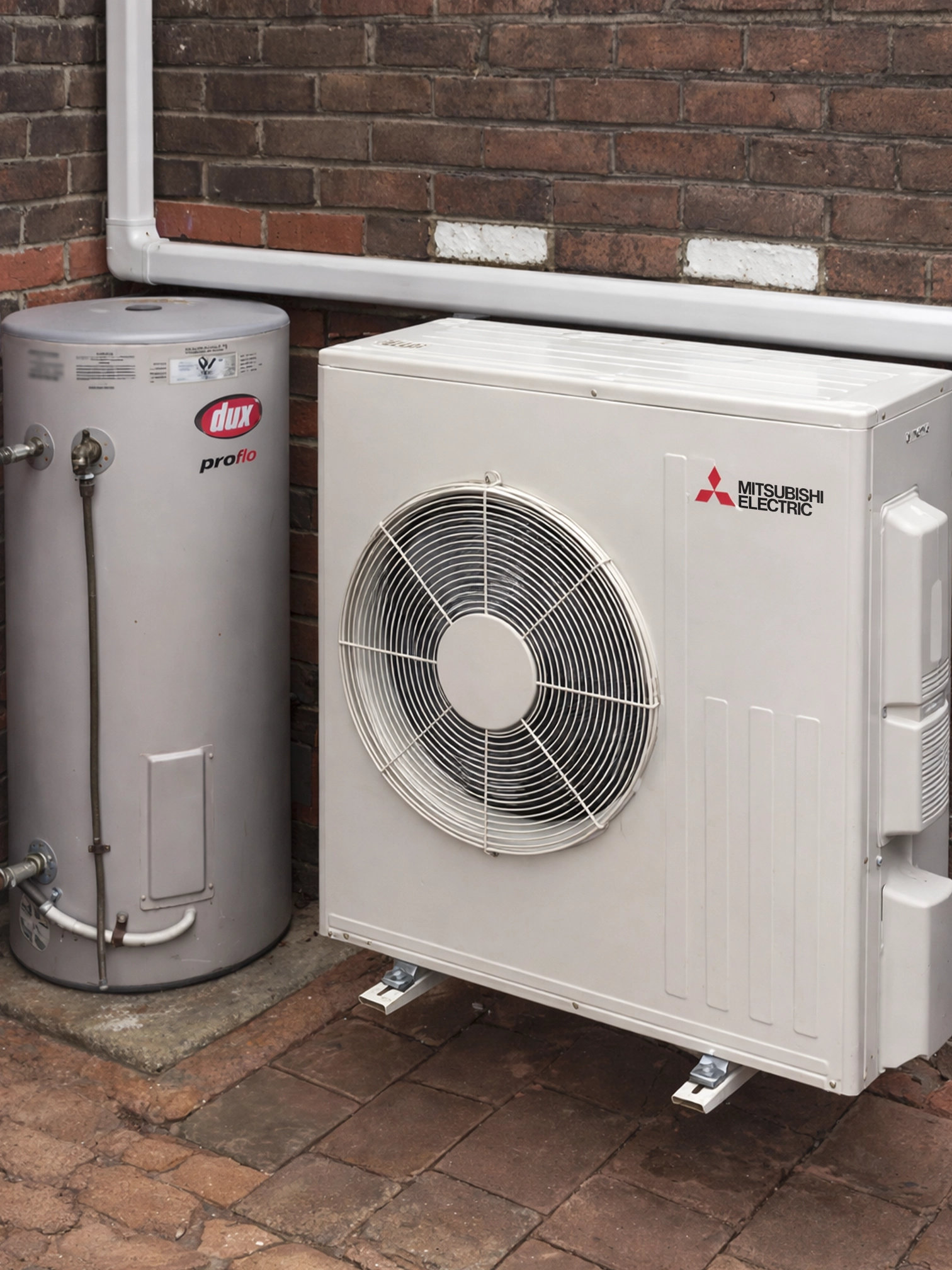 Mitsubishi Electric outdoor air conditioning unit installed beside a hot water system.