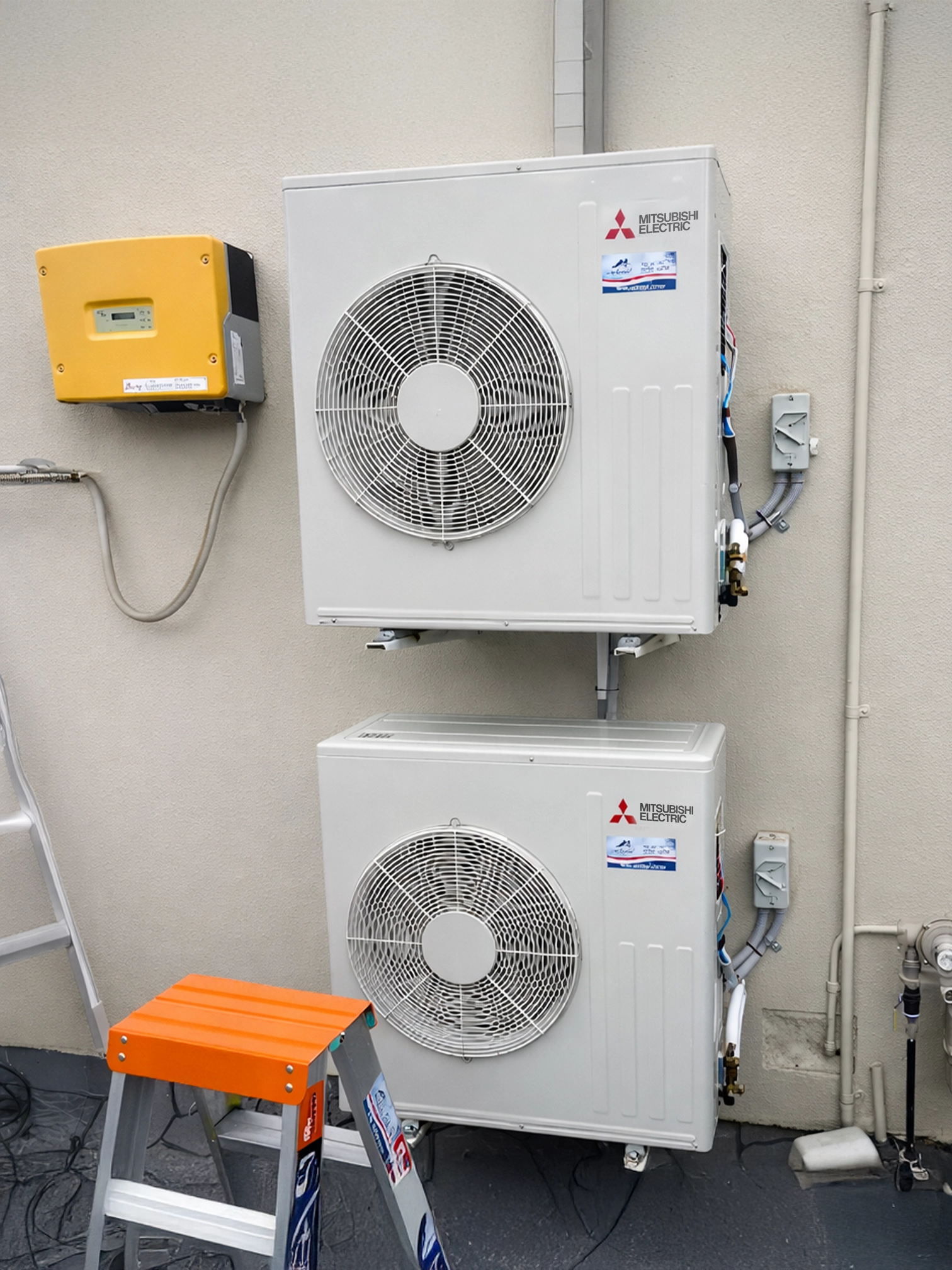 Two Mitsubishi Electric outdoor air conditioning units installed on an exterior wall.
