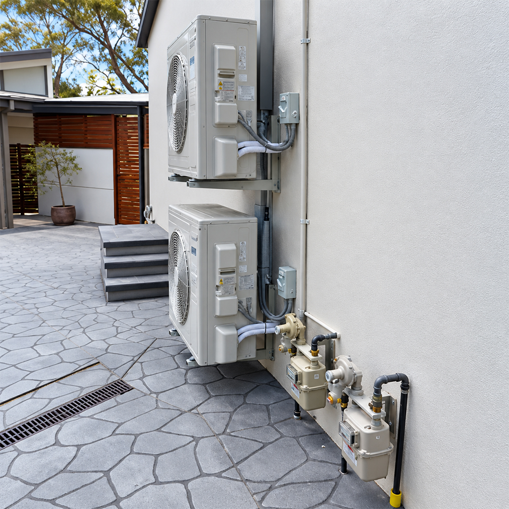 Two outdoor air conditioning units installed beside a home.