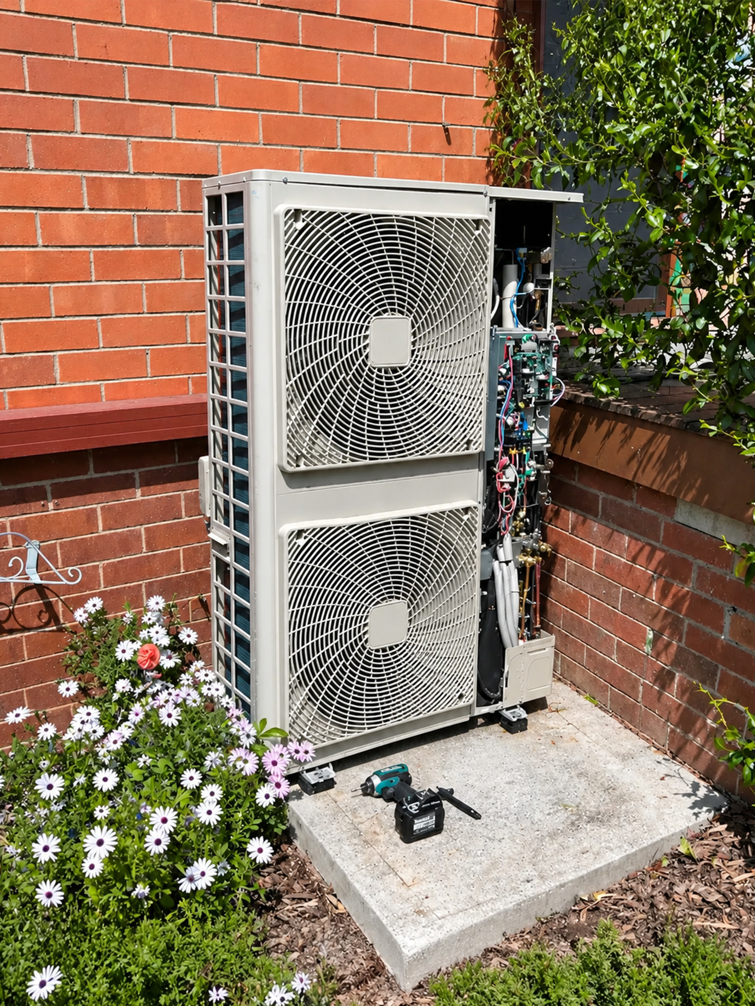 Outdoor air conditioning unit beside a brick Canberra home.