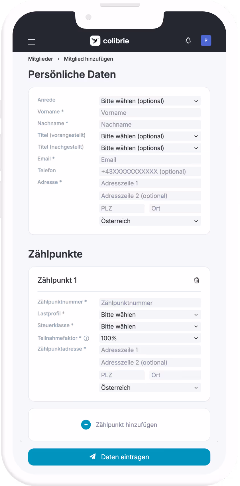 Mobilgerät zeigt Formular der App 'colibrie' zur Eingabe persönlicher Daten und Zählpunktinformationen mit Feldern für Name, Adresse, E-Mail und Zählerdetails.