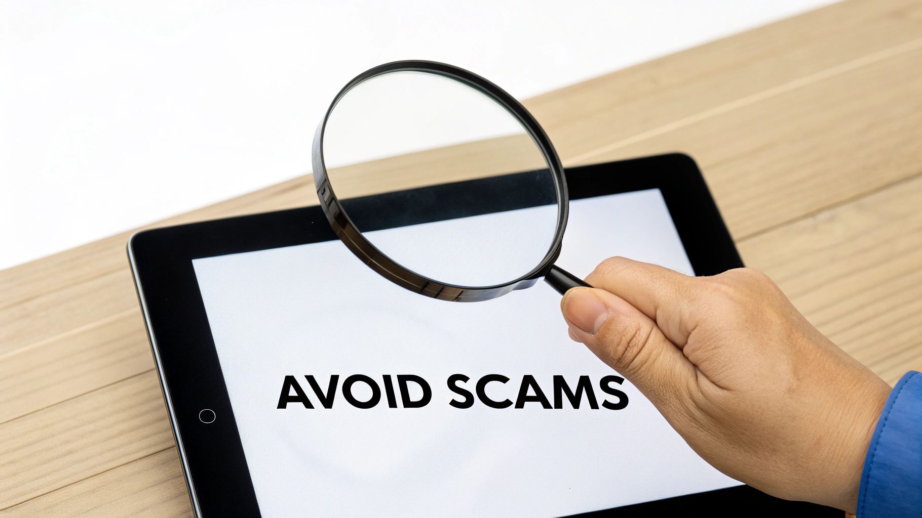 A hand holds a magnifying glass over a tablet screen displaying 'AVOID SCAMS'.