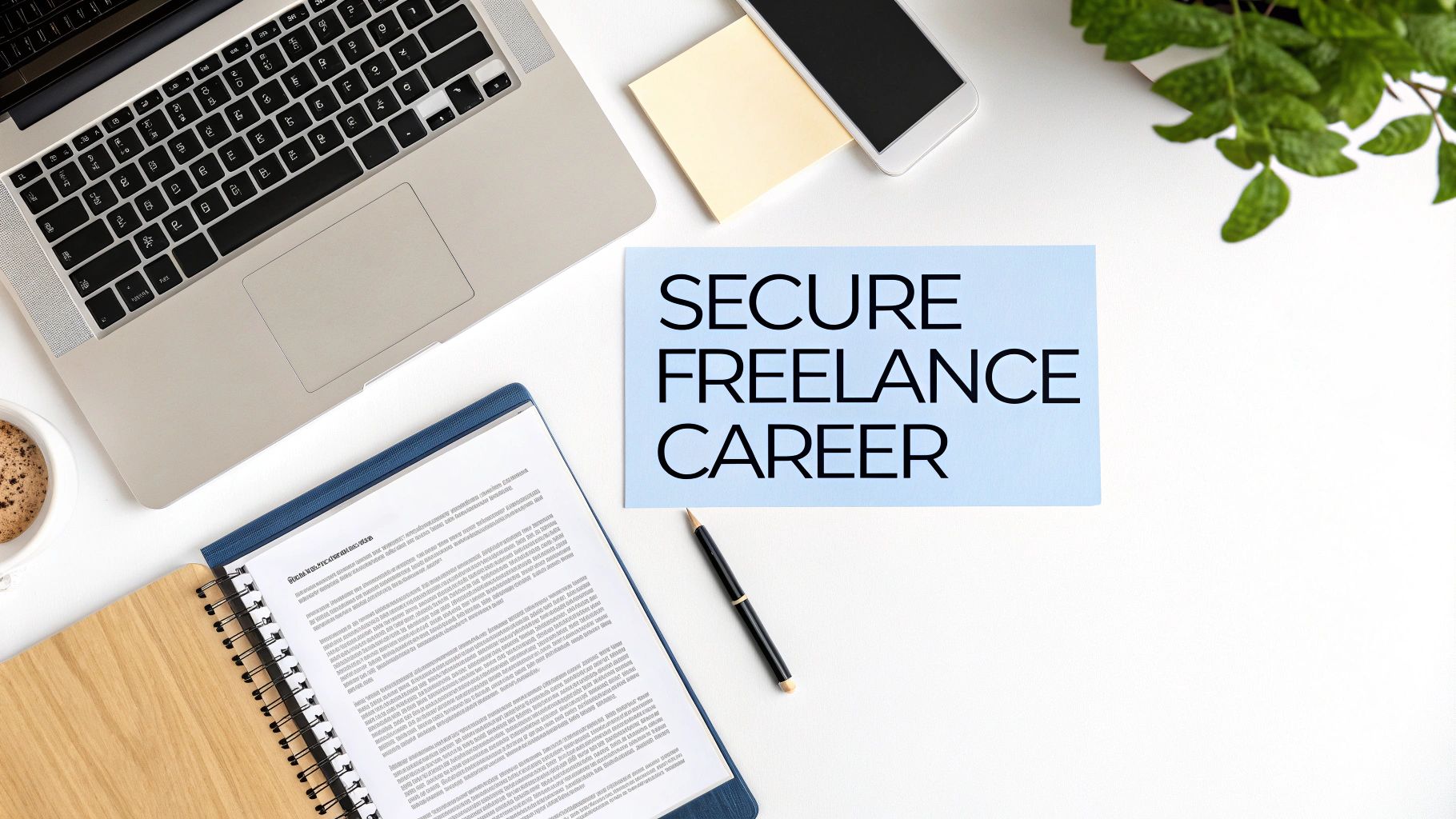 Flat lay of a modern workspace with a laptop, coffee, notebook, and a note saying 'Secure Freelance Career'.