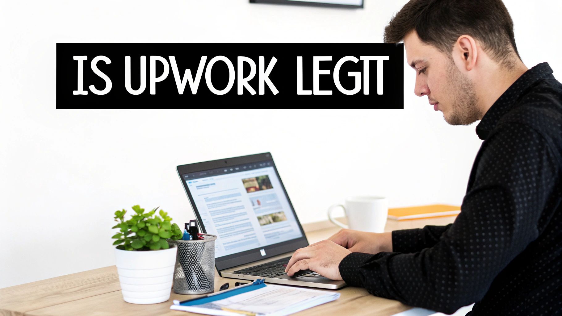 A man works on a laptop at a desk, with a black banner saying 'IS UPWORK LEGIT'.