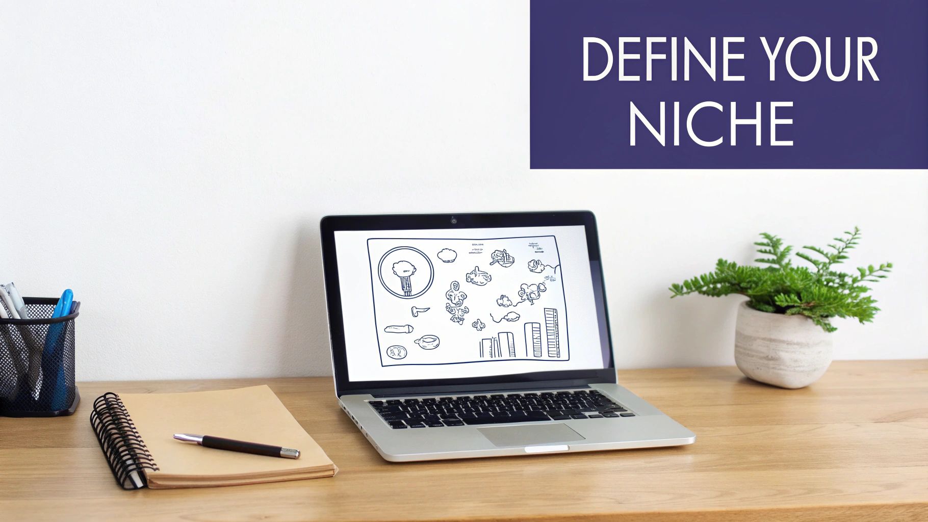 A clean desk with a laptop displaying a mind map, notebook, plant, and 'DEFINE YOUR NICHE' text.