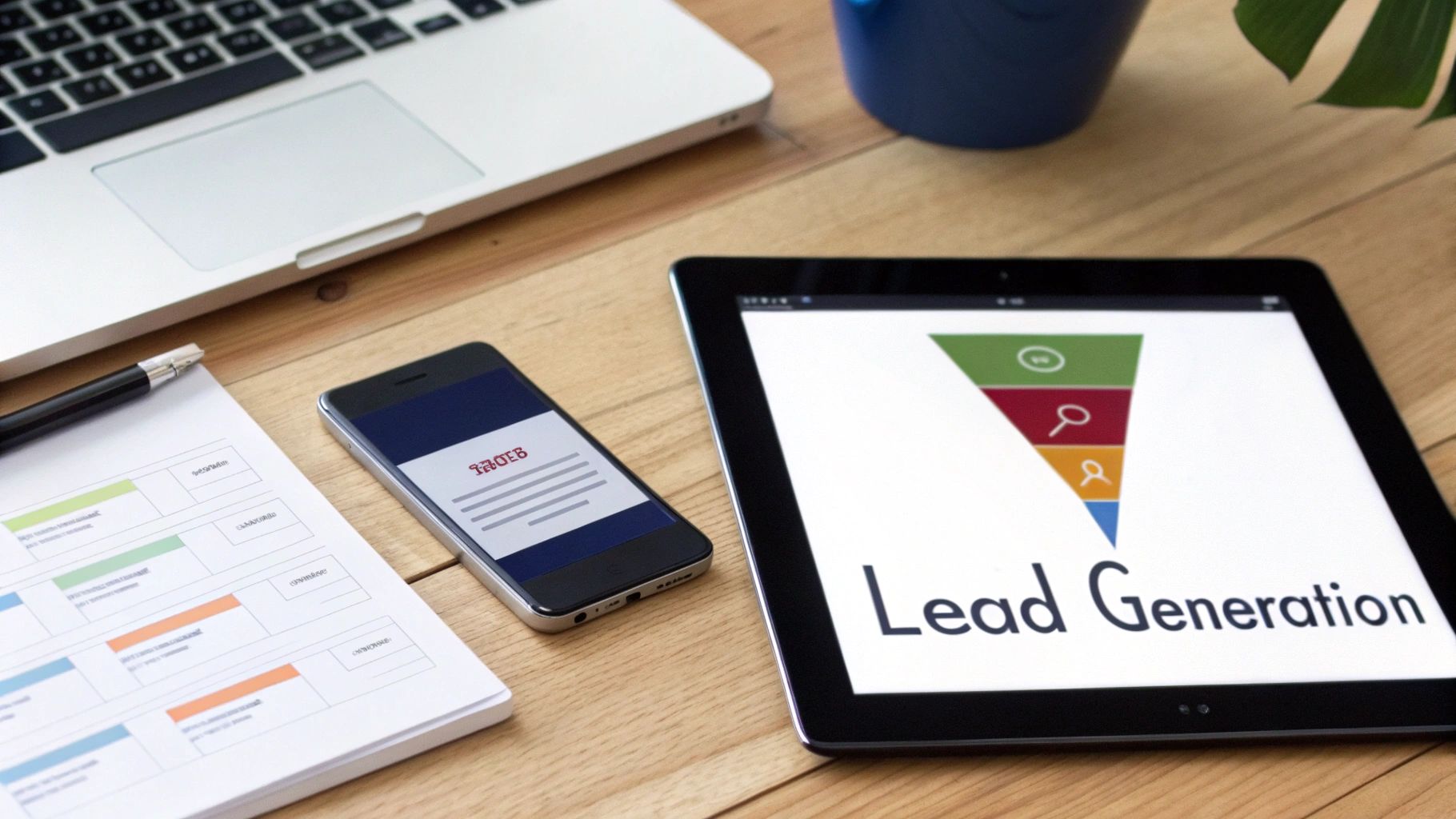 A top-down view of a desk with a laptop, documents, smartphone, and tablet displaying a lead generation funnel.