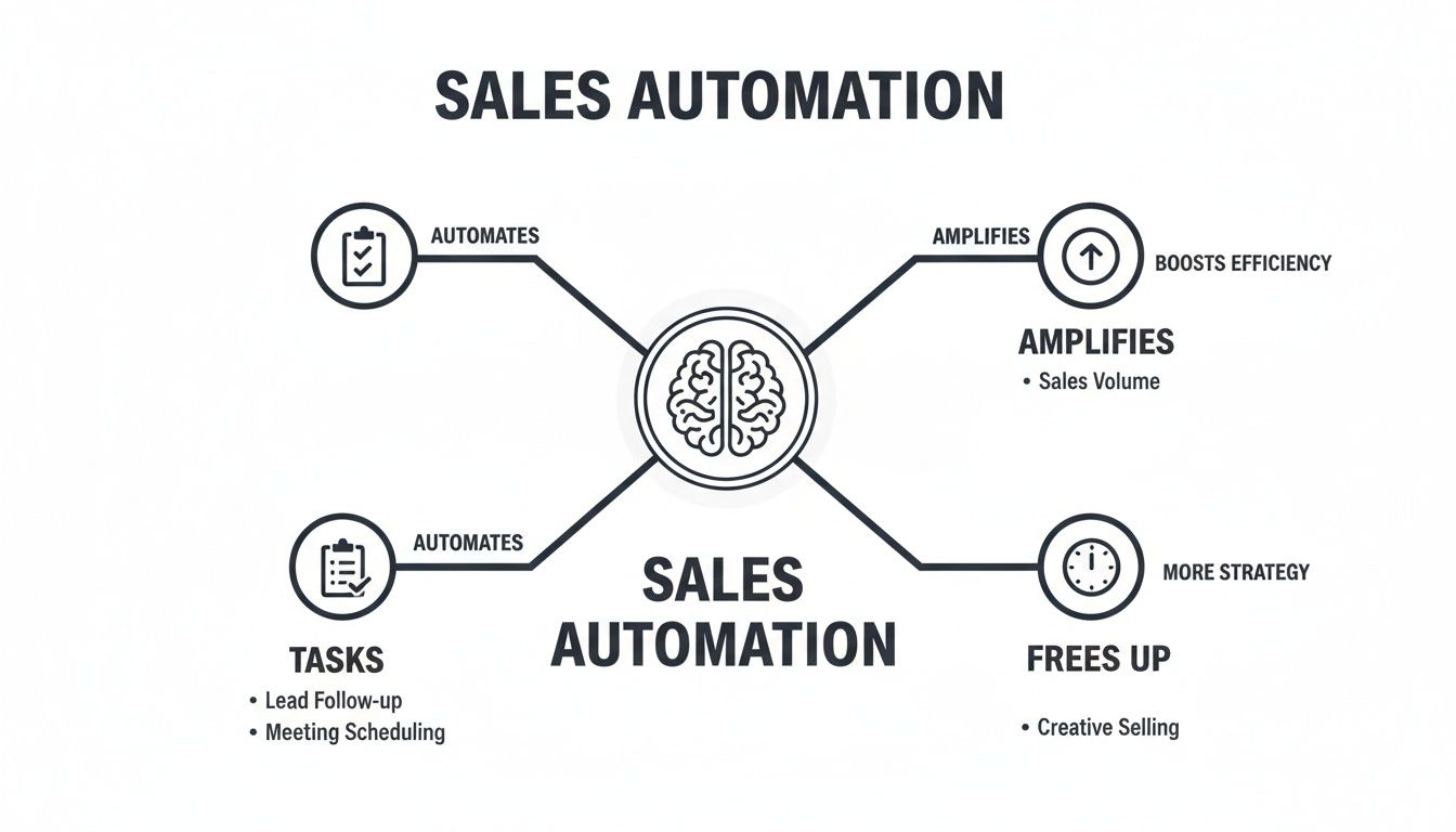 A diagram illustrating how sales automation automates tasks, amplifies efficiency and sales volume, and frees up time for creative selling.