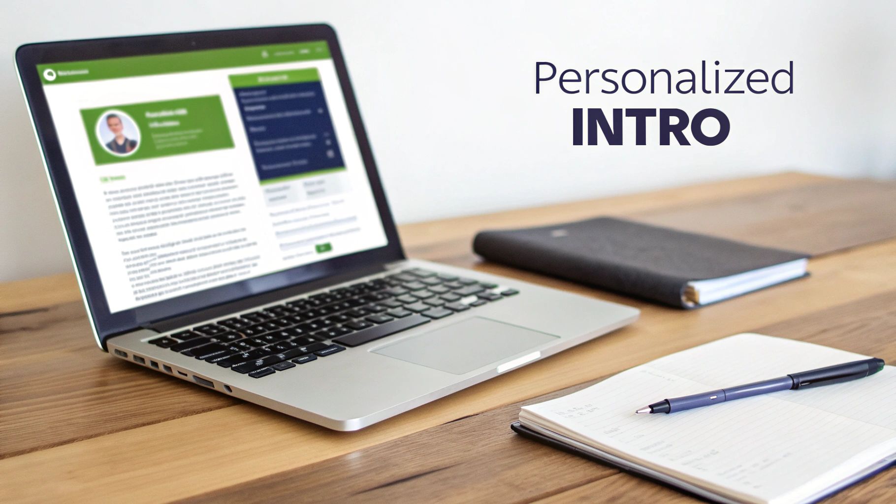 A desk setup with an open laptop showing a profile, a black notebook, and a pen on a pad.