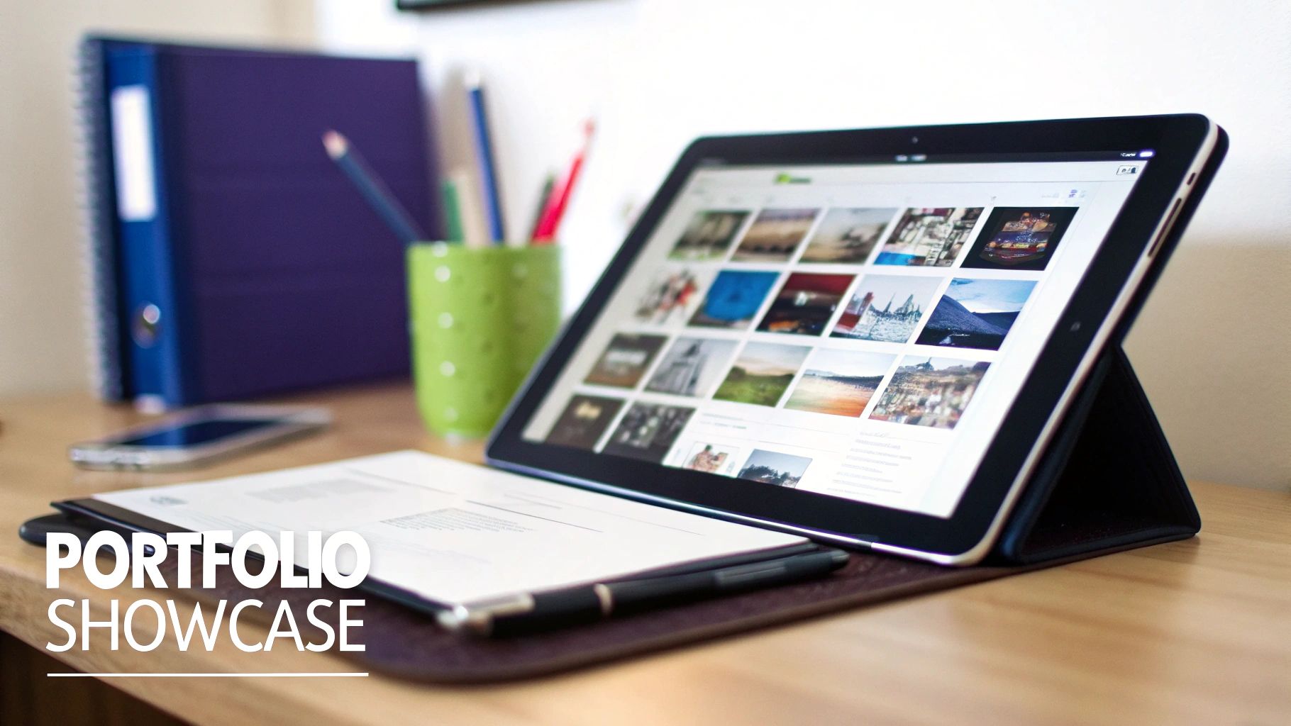 A tablet showcasing a digital portfolio of images on a wooden desk with a pen, document, and office supplies.