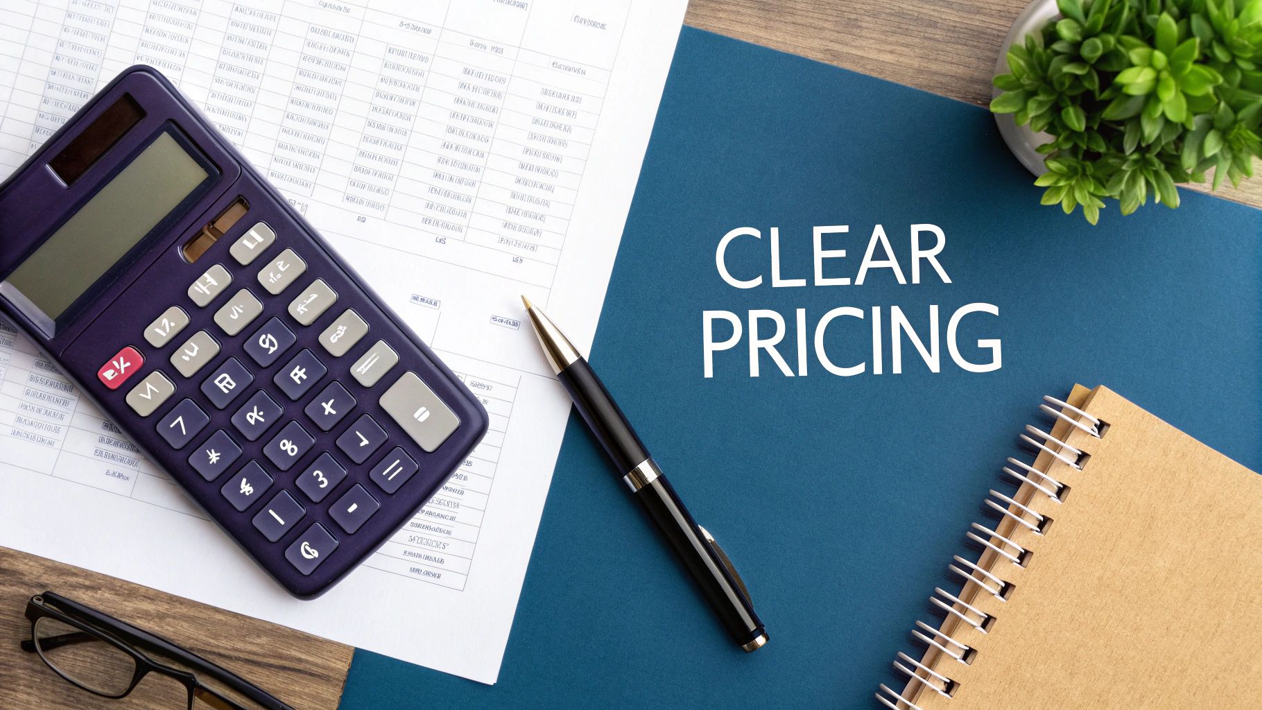 A flat lay shows a calculator, pen, notebook, and document next to a blue surface with 'CLEAR PRICING' text.