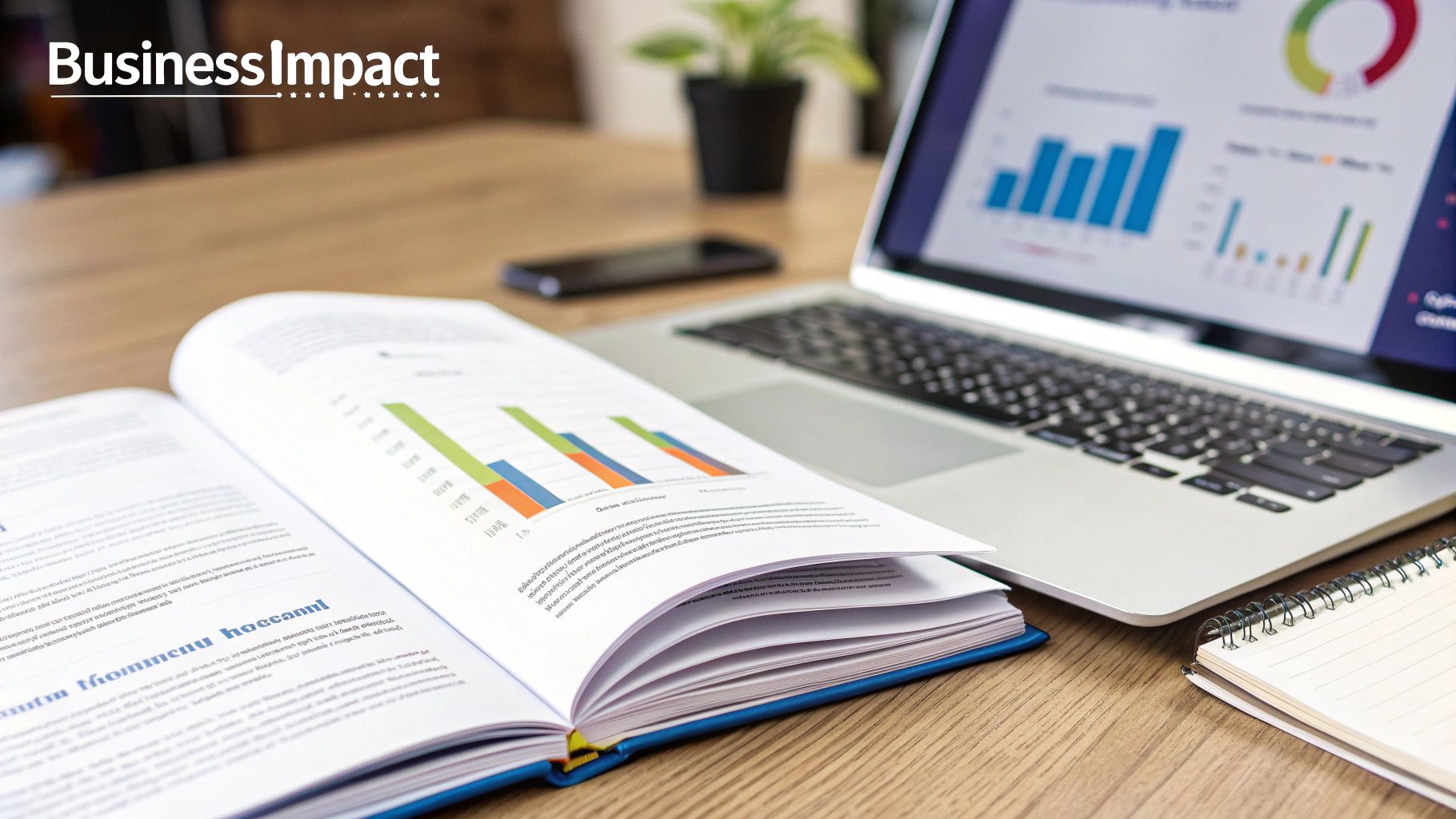 Open book with charts and a laptop displaying business graphs on a wooden desk.