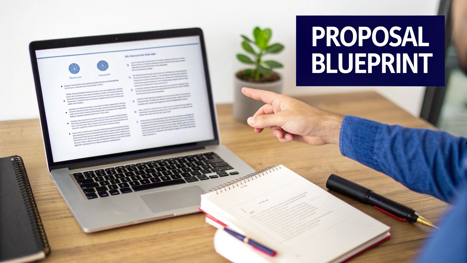 A person's hand points at a laptop screen displaying a document titled 'PROPOSAL BLUEPRINT' on a desk.
