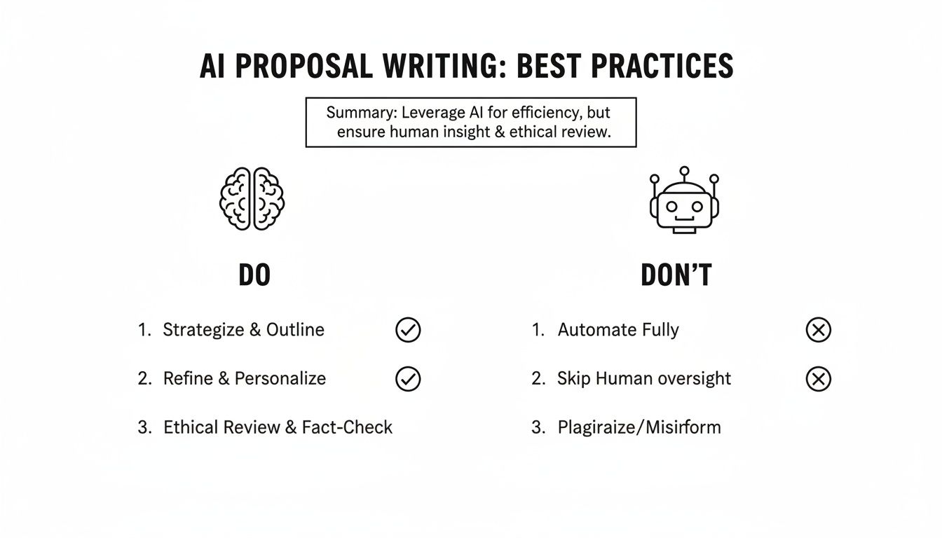 Infographic on AI proposal writing best practices, emphasizing human review and ethical considerations over full automation.