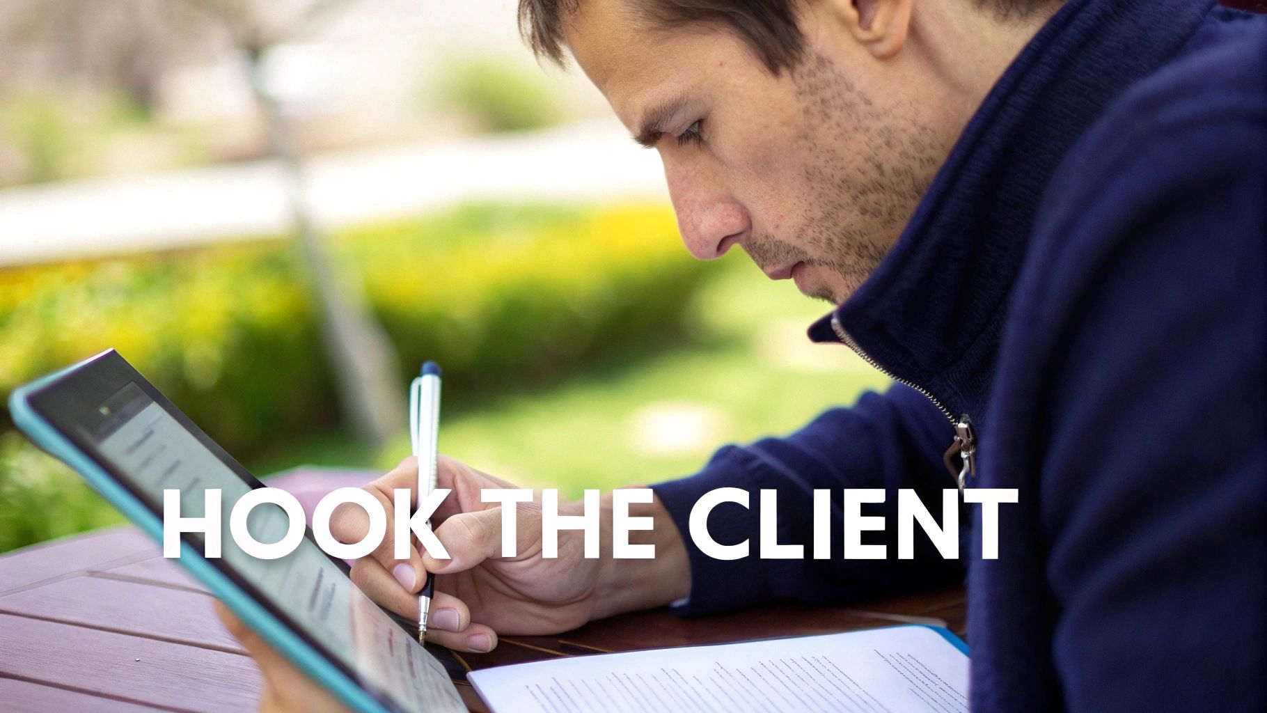Side view of a man focused on writing with a pen on a tablet at an outdoor table.