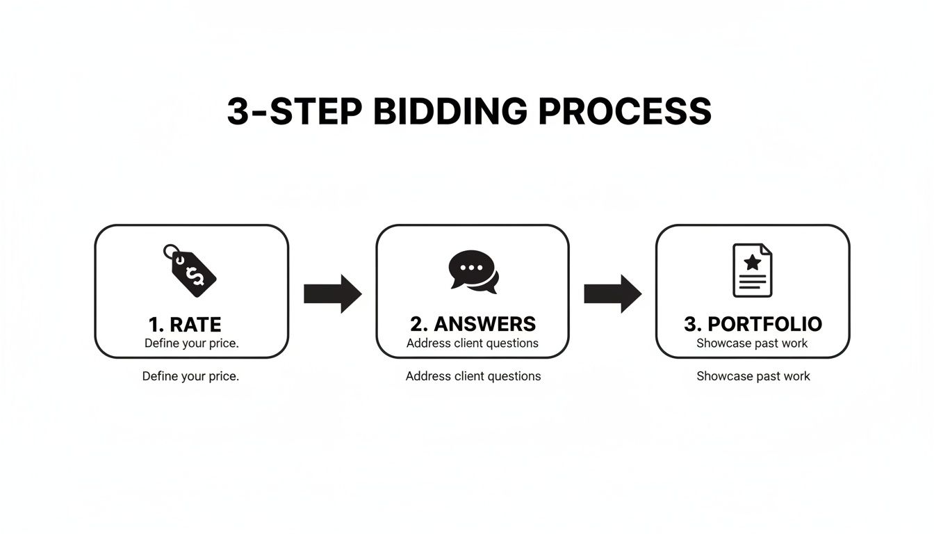 An infographic illustrating a 3-step bidding process including rate, answers, and portfolio.