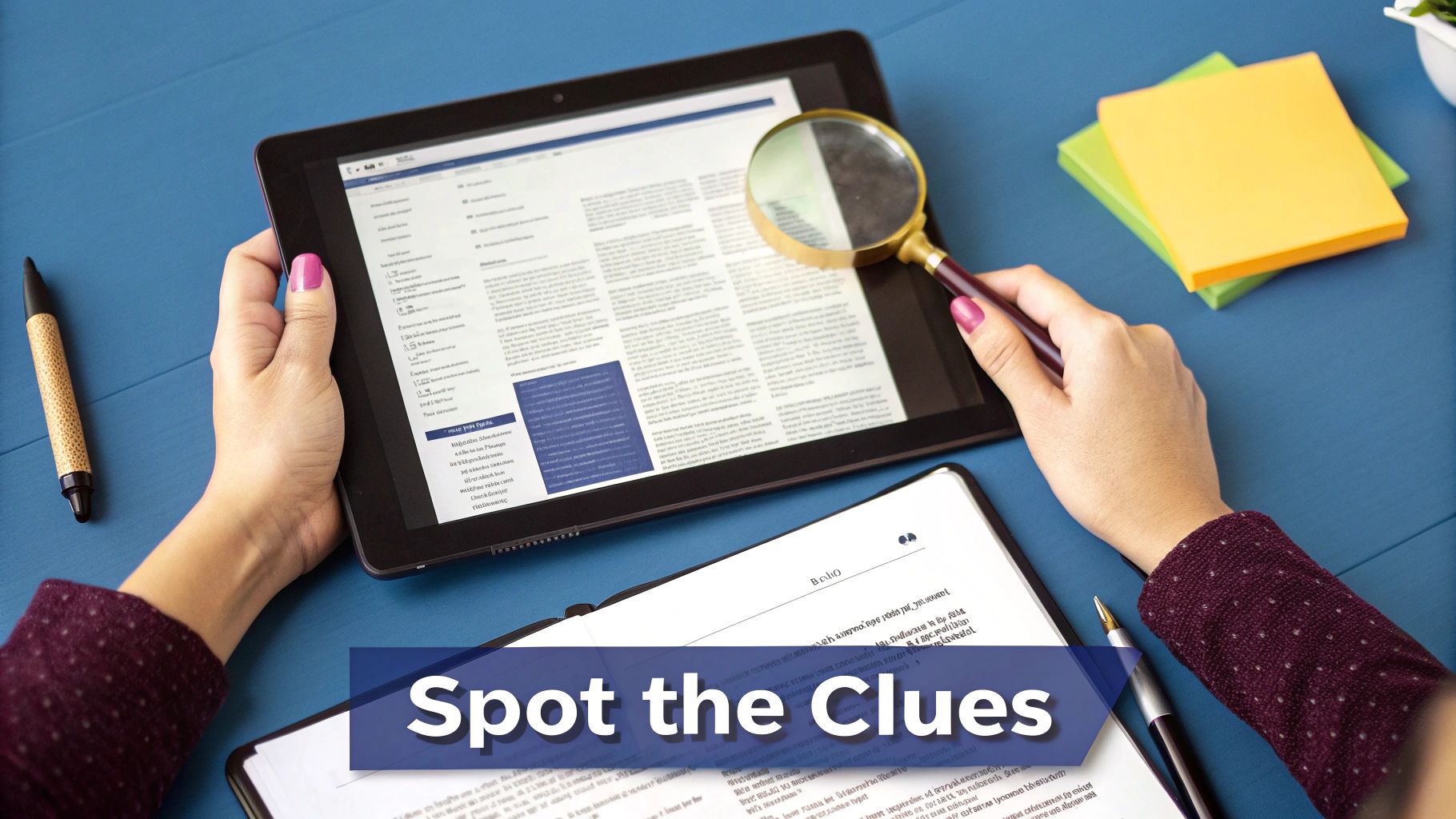 A person's hands hold a tablet and magnifying glass, reviewing documents on a blue desk.