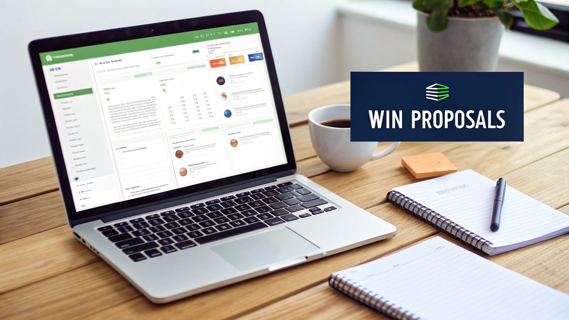 A laptop on a wooden desk displaying a green online platform, next to a coffee cup and notebooks, with a 'Win Proposals' overlay.