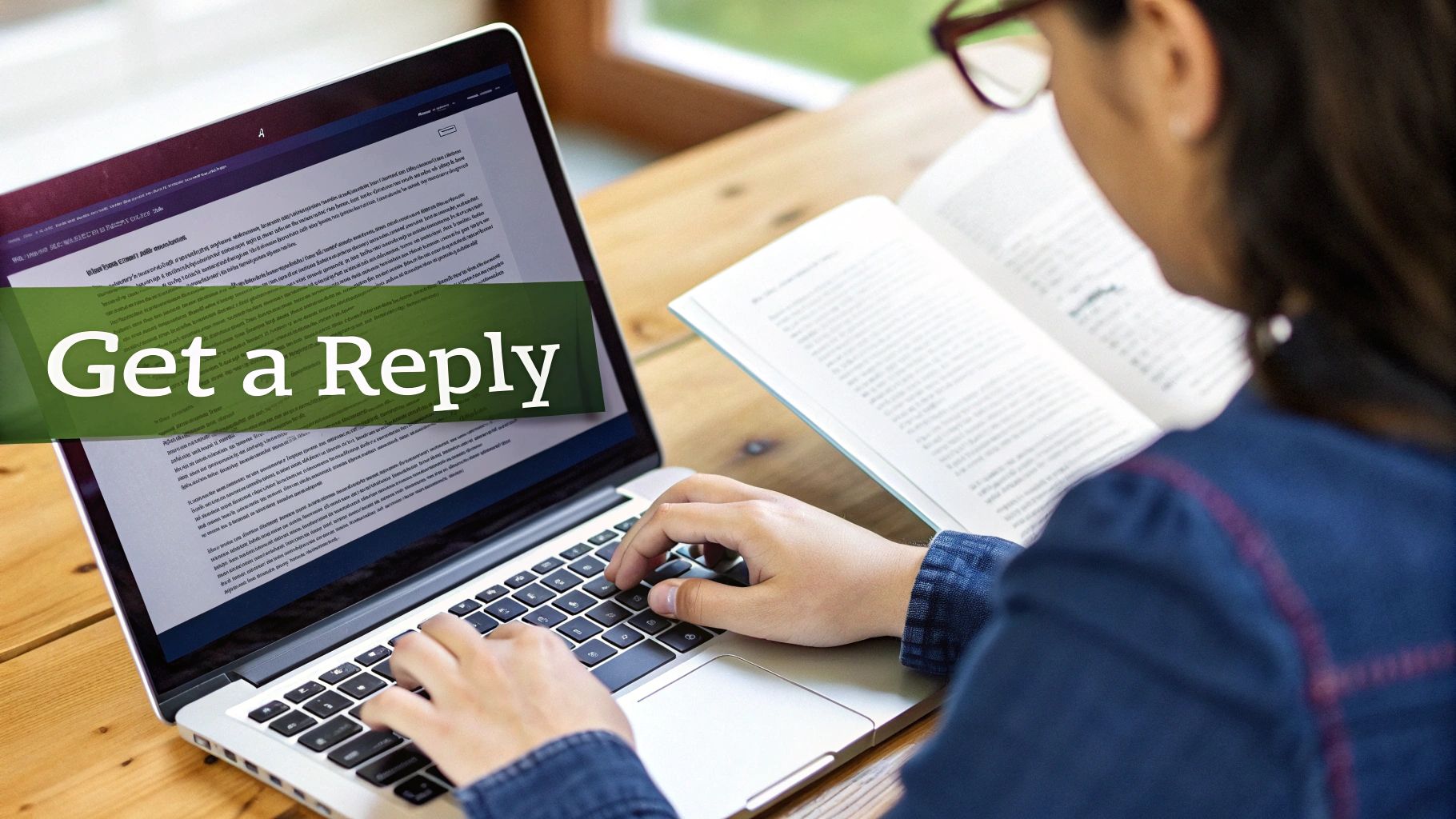 Person typing on a laptop with an overlay text 'Get a Reply' while reading a book.