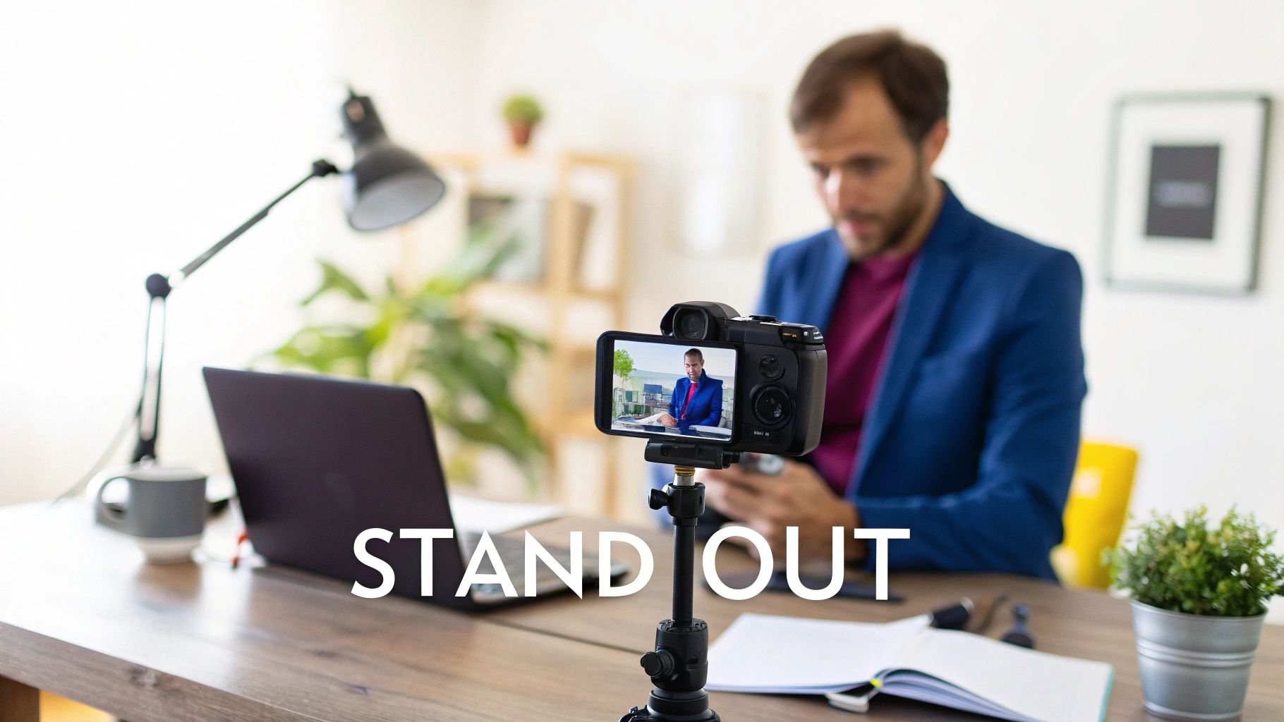 Man in a blue jacket recording a video of himself with a smartphone on a tripod at a desk.